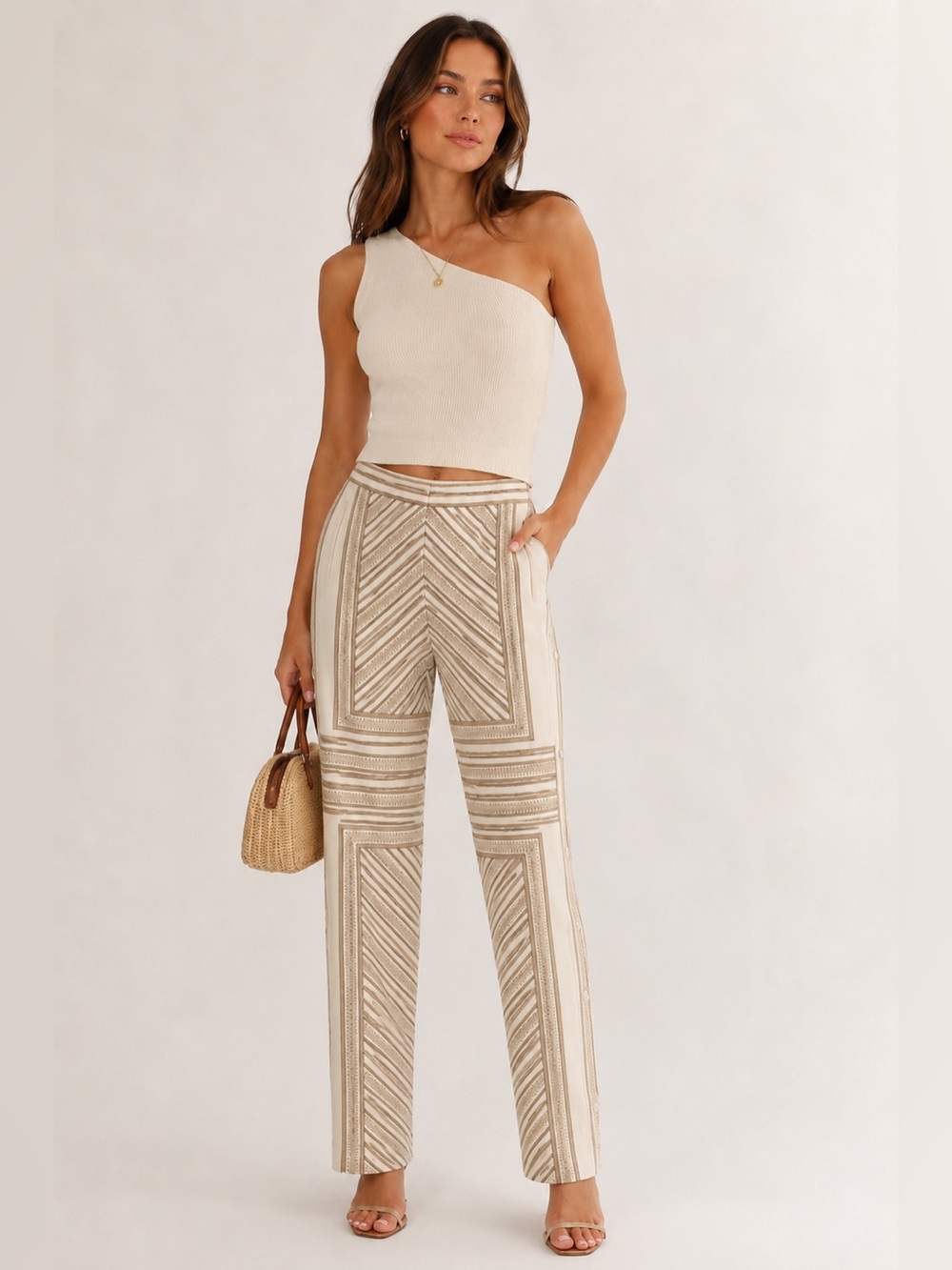 BCBGMaxAzria Beige & Cream Striped Straight-Leg Pants Sz.‎ L